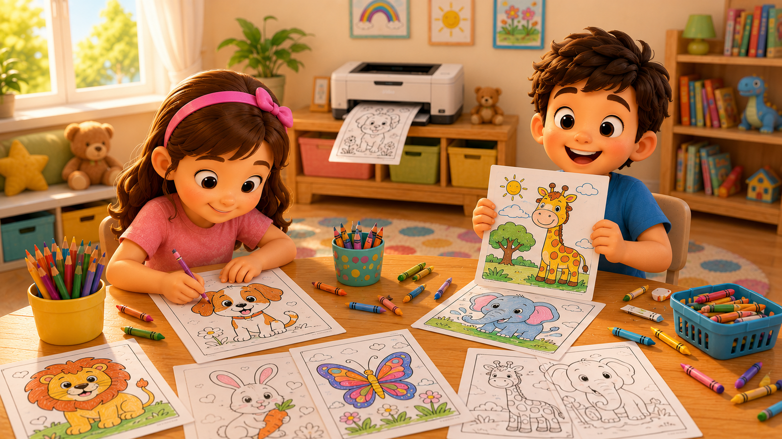 Colorful crayons and cheerful printable coloring pages for kids