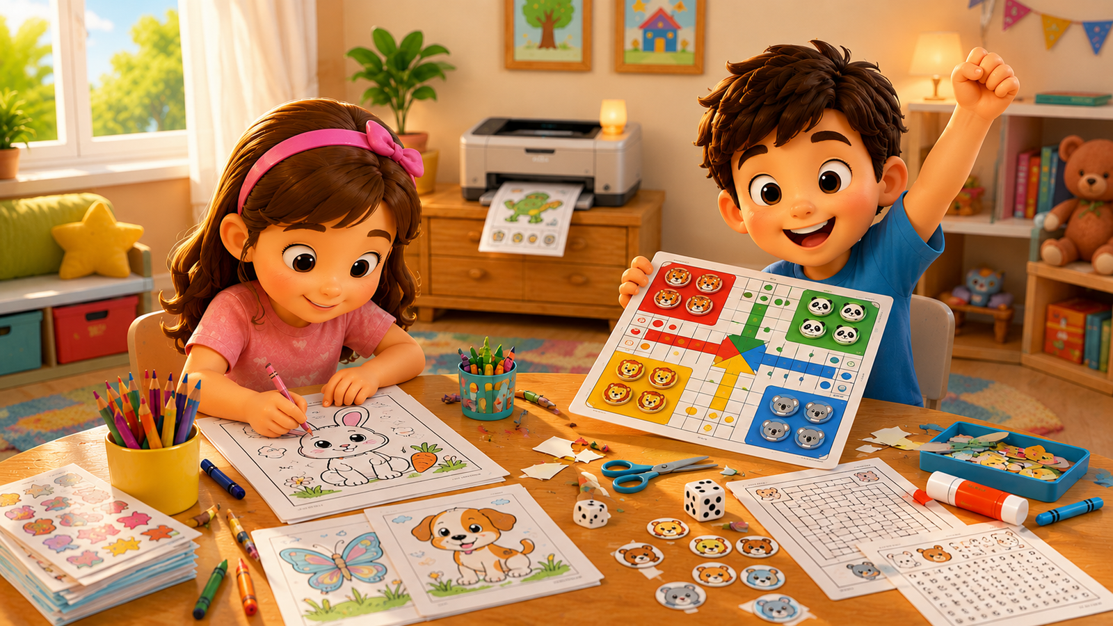 Happy children enjoying colorful printable activities together
